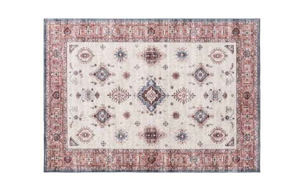 Teller 5' x 7' Red Oriental Washable Rug with beige background, red border, and intricate transitional polyester fabric design, stain-resistant and machine washable.