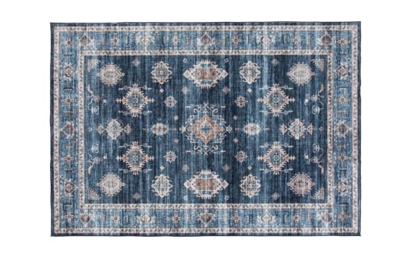 Teller 8' x 10' Navy Oriental Washable Rug in polyester fabric with transitional style, featuring navy, light blue, and ivory geometric patterns.
