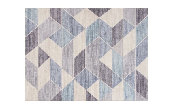 Kwesi 8' x 10' washable polyester rug in beige and blue with a purple transitional geometric pattern, stain-resistant and machine washable.