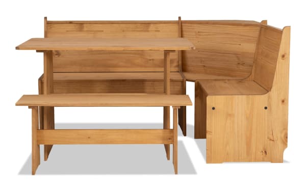 Willa Natural Dining Nook with Bench in solid pine and MDF, featuring a natural finish, corner storage benches, and a transitional style for versatile dining spaces.