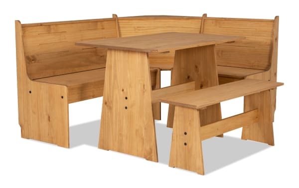 Willa Natural Dining Nook with Bench in solid pine and MDF, featuring a transitional style, natural finish, corner storage benches, and a rectangular table.