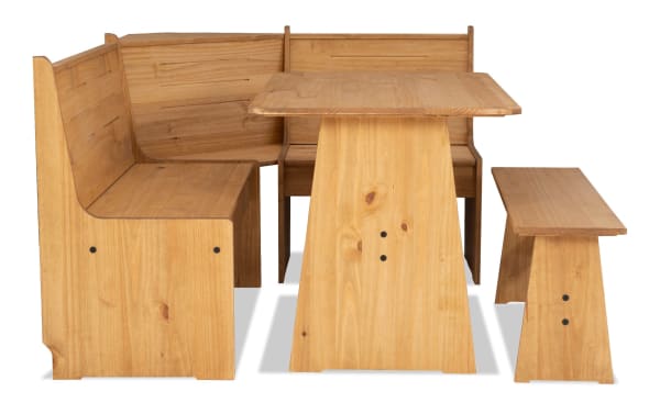 Willa Natural Dining Nook with Bench in transitional style, solid pine with natural finish, featuring corner benches with flip-open storage and a trapezoid table.