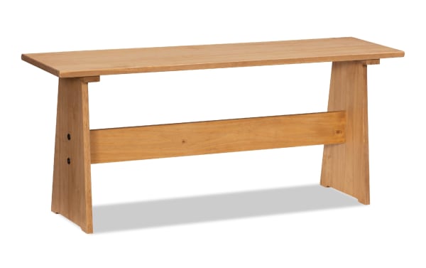 Willa Natural Dining Nook bench in transitional style, solid pine with natural finish, featuring a sturdy rectangular top and angled legs for casual dining or storage.