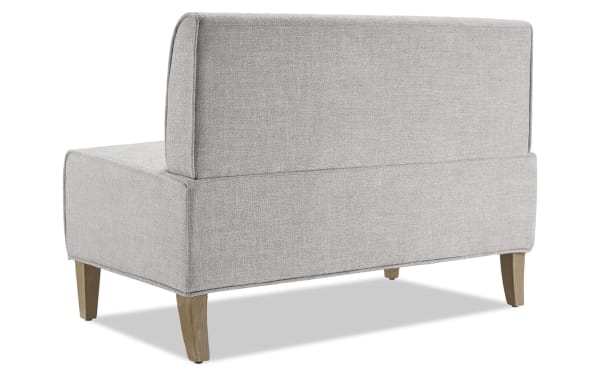 Lindie Light Gray Corner Bench with soft gray polyester fabric upholstery, foam cushions, and natural finish solid wood legs in transitional style.
