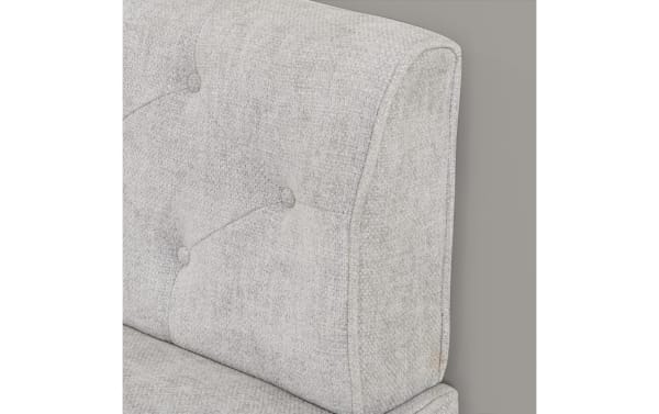 Transitional Lindie Light Gray Corner Bench with soft gray tweed polyester fabric upholstery, foam cushions, and solid wood legs in natural finish.