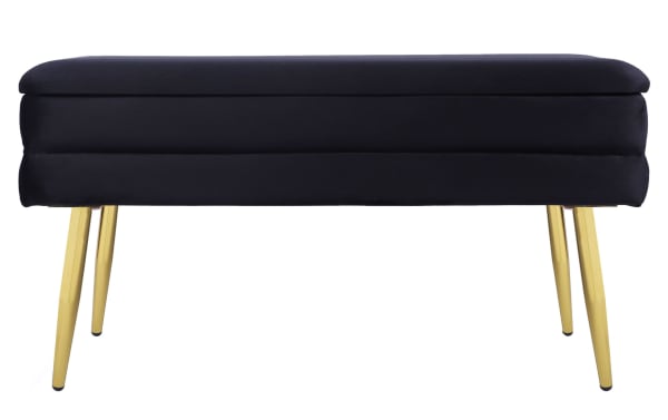 Contemporary Astrid Black Storage Bench with plush black velvet upholstery, channel-tufted seat, and polished gold metal legs for stylish seating and storage.