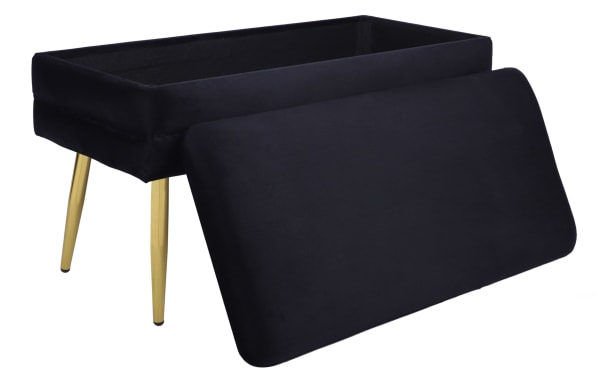 Contemporary Astrid Black Storage Bench with black velvet upholstery, channel-tufted fabric, and sleek polished gold legs for stylish seating and storage.