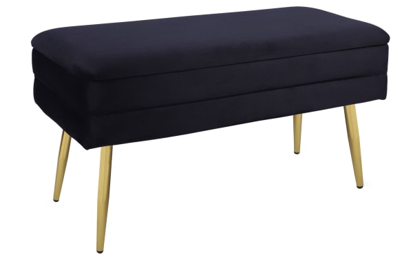 Contemporary Astrid Black Storage Bench with plush black velvet upholstery, channel-tufted seat, and sleek polished gold metal legs for stylish seating.