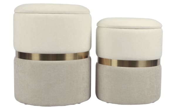 Contemporary Bijou Cream Storage Ottoman Set in cream and taupe chenille fabric with plywood frame, featuring plush cushioned tops and metallic accent band for versatile seating and storage.