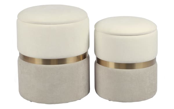 Contemporary Bijou Cream Storage Ottoman Set in cream and taupe chenille fabric with plywood frame, featuring plush cushioned tops and brass-tone accent bands for versatile seating and storage.
