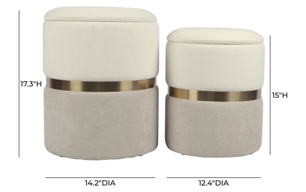 Bijou Cream Storage Ottoman Set in cream and taupe chenille fabric with plywood frame, featuring contemporary round design, brass accent band, 17.3" and 15" heights, and 14.2" and 12.4" diameters for versatile seating and storage.