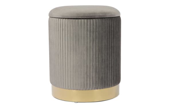 Contemporary Rain Gray Velvet Storage Ottoman with pleated velvet fabric, satin gold stainless steel base, and hidden storage inside.