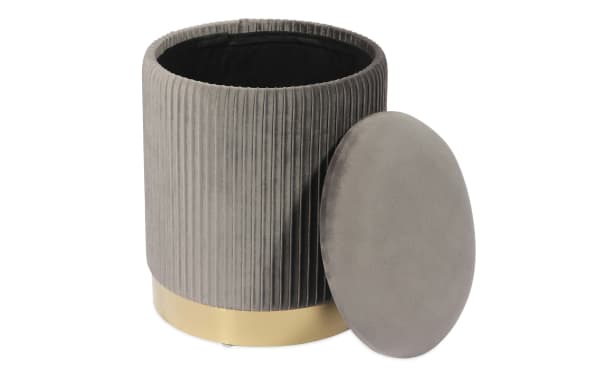 Rain Gray Velvet Storage Ottoman with plush gray velvet upholstery, satin gold stainless steel base, and removable lid for hidden storage.