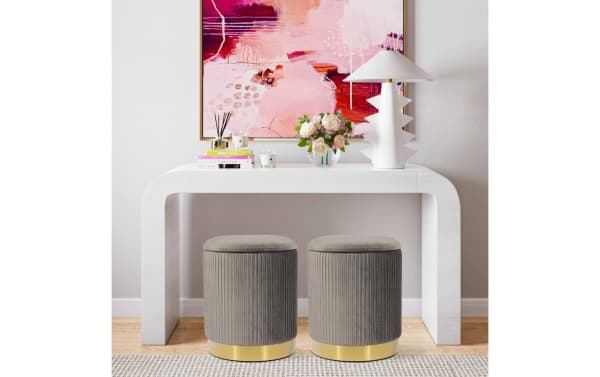 Contemporary Rain Gray Velvet Storage Ottoman set with plush gray velvet upholstery, satin gold stainless steel base, and built-in storage for versatile seating and organization.