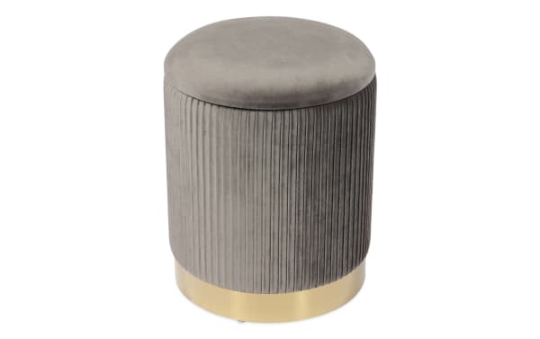 Contemporary Rain Gray Velvet Storage Ottoman with plush gray velvet upholstery, vertical pleats, satin gold stainless steel base, and hidden storage.