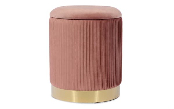 Contemporary Rain Blush Velvet Storage Ottoman in pink velvet fabric with vertical pleats, satin gold stainless steel base, and hidden storage.