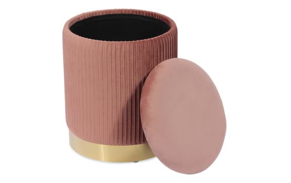 Contemporary Rain Blush Velvet Storage Ottoman in pink velvet fabric with ribbed texture, satin gold stainless steel base, and removable lid for storage and seating.
