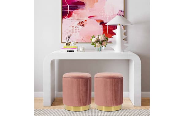Contemporary Rain Blush Velvet Storage Ottoman in pink fabric velvet with satin gold stainless steel base, offering plush seating and hidden storage.