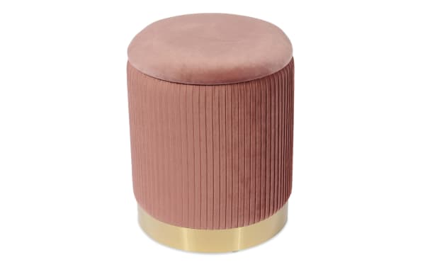 Rain Blush Velvet Storage Ottoman in blush pink velvet with vertical pleats, satin gold stainless steel base, contemporary style, storage inside.