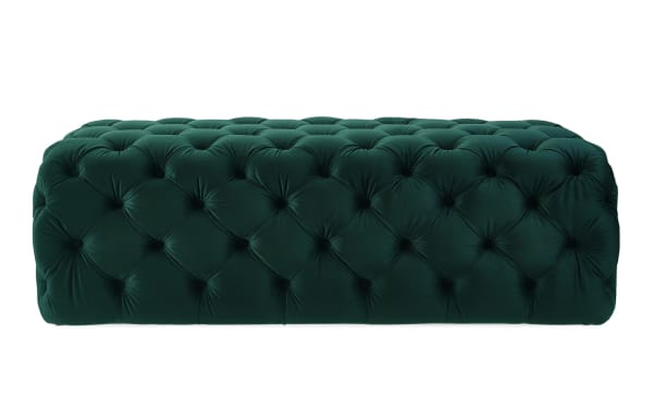 Gemini Green Velvet Ottoman in deep green with plush velvet upholstery and deep button tufting, a contemporary wood and PVC bench or footrest.