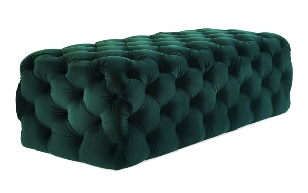 Contemporary Gemini Green Velvet Ottoman with deep button tufting, plush velvet fabric, and sturdy wood frame, ideal as a footrest or bench.