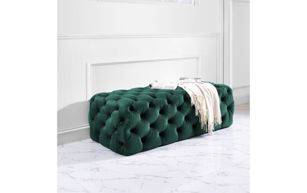 Contemporary Gemini Green Velvet Ottoman with deep button tufting, plush velvet fabric, and wood-PVC frame, perfect as a footrest or bench.
