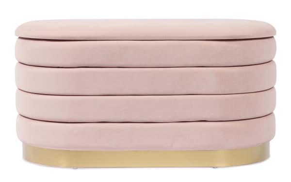 Larson Blush Velvet Storage Bench in pink velvet with channel-tufted upholstery, gold stainless steel base, and hidden storage, contemporary style.