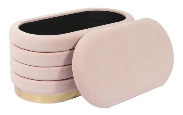 Larson Blush Velvet Storage Bench with channel-tufted pink velvet upholstery, gold stainless steel base, and hidden storage interior.