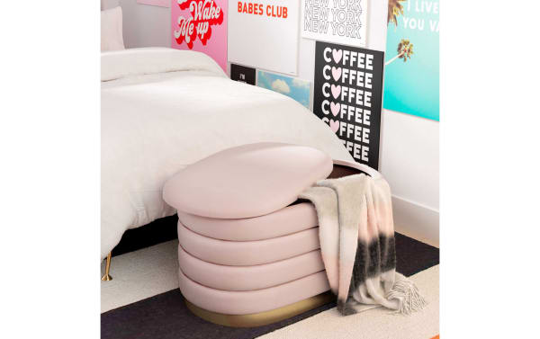 Larson Blush Velvet Storage Bench in pink velvet with channel-tufted upholstery, gold stainless steel base, and hidden storage inside.
