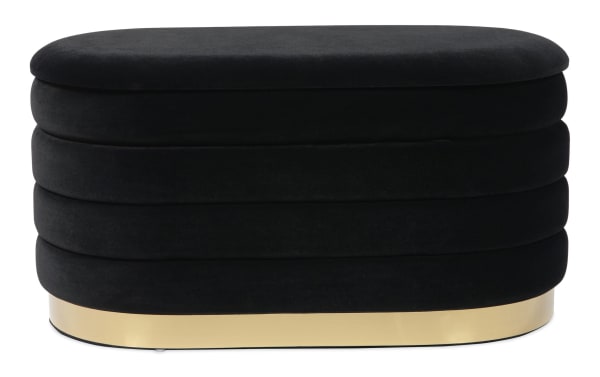 Larson Black Velvet Storage Bench in black velvet fabric with channel-tufted design, gold stainless steel base, and hidden storage.