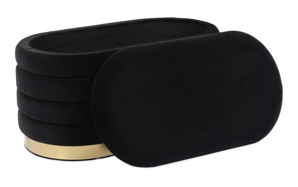 Larson Black Velvet Storage Bench in black velvet fabric with channel-tufted design, gold stainless steel base, and hidden storage.