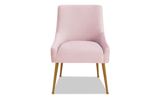 Contemporary Giselle II blush solid back dining chair with plush velvet upholstery, gold stainless steel legs, and sleek tapered silhouette.