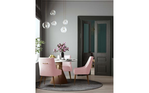 Contemporary Giselle II Blush Solid Back Upholstered Dining Chair in pink velvet with gold stainless steel legs and back handle, from the Giselle collection.