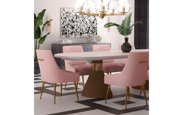 Contemporary Giselle II blush solid back dining chair in pink velvet fabric with gold stainless steel legs and matching back handle, from TOV’s Giselle collection.