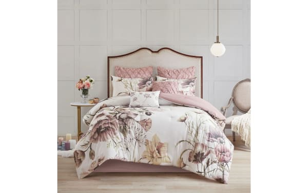 Emily King Pink Floral 8 Piece Comforter Set in cotton and polyester fabric, featuring a pink and white transitional style with a floral garden print.