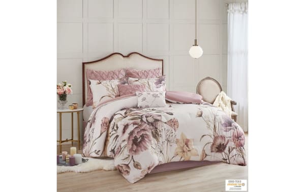 Emily King Pink Floral 8 Piece Comforter Set in pink and white cotton blend with large floral print, transitional style, and fabric upholstery.