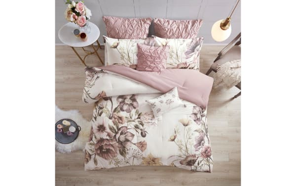 Emily King Pink Floral 8 Piece Comforter Set in transitional style with pink and white cotton-polyester fabric, featuring large floral prints and textured pillows.