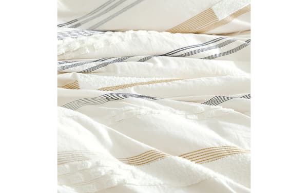 Ezra Queen Ivory Striped 5 Piece Comforter Set with soft ivory cotton fabric, gold and gray transitional stripes, and textured boucle accents for a stylish, cozy bedroom look.