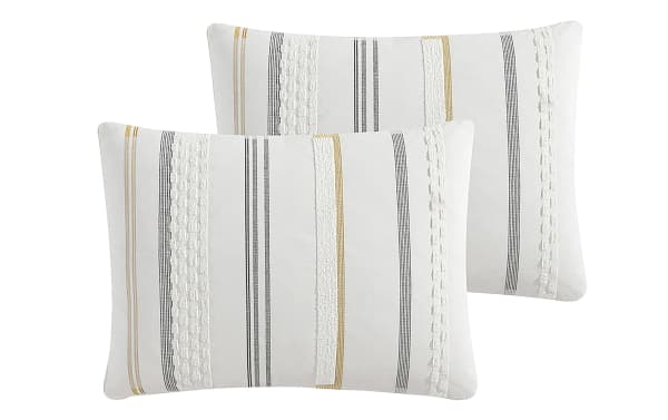 Ezra Queen Ivory Striped 5 Piece Comforter Set with ivory, gold, and gray soft cotton fabric featuring woven stripes and boucle texture in a transitional style.