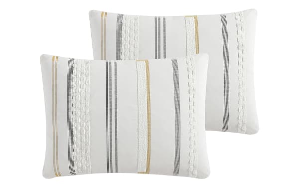 Ezra King Ivory Striped decorative pillows in transitional style, featuring ivory, gold, and gray cotton-polyester fabric with soft stripes and boucle texture.