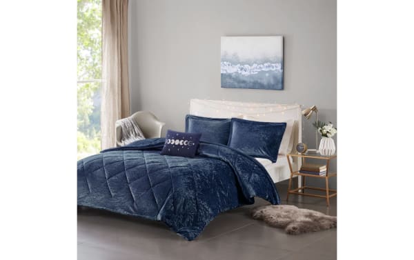 Hawken Twin/Twin XL Navy Solid Velvet Reversible 3 Piece Comforter Set