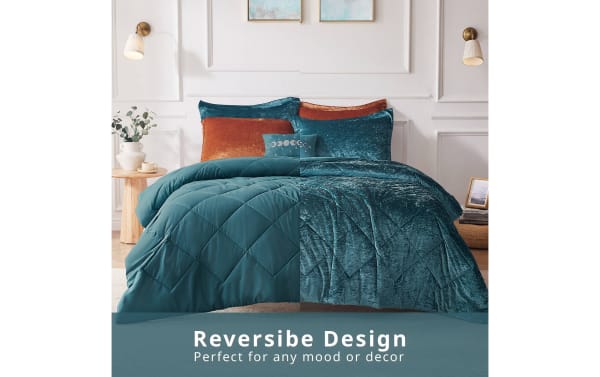 Hawken Twin/Twin XL teal solid velvet reversible 3-piece comforter set with plush microfiber fabric, glam style, and rich textured teal velvet for bedroom or dorm decor. Text reads: "Reversible Design Perfect for any mood or decor."