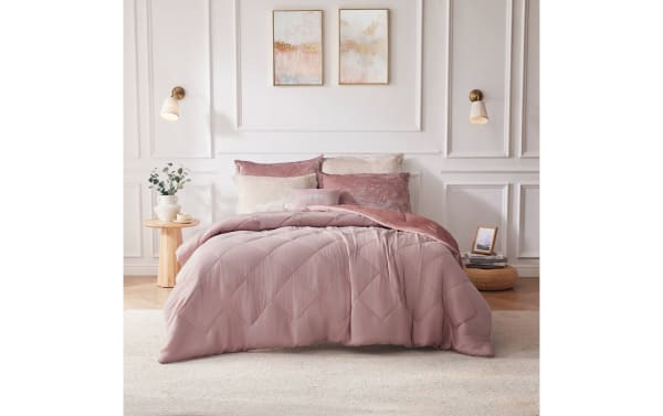 Hawken Full/Queen Blush Solid Velvet Reversible 4 Piece Comforter Set in plush pink velvet with quilted microfiber, glam style, includes pillows and reversible design.