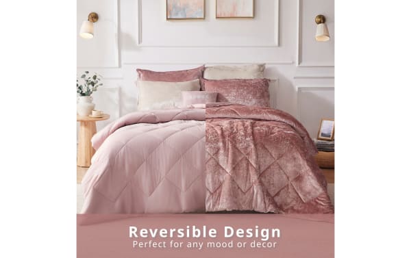 Hawken Full/Queen Blush Solid Velvet Reversible 4 Piece Comforter Set in pink velvet microfiber fabric, glam style with plush texture, perfect for bedroom or dorm decor. Text: "Reversible Design Perfect for any mood or decor."