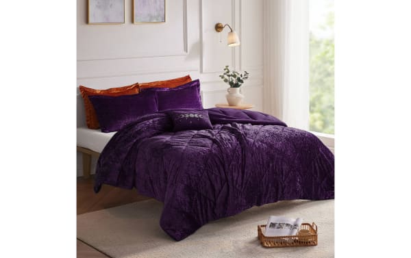 Hawken Full/Queen Purple Solid Velvet Reversible 4 Piece Comforter Set with plush velvet texture, microfiber fabric, and glam style for bedroom or dorm.