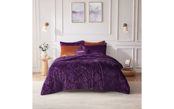 Hawken Full/Queen 4-piece comforter set in rich purple velvet, reversible microfiber fabric with a glam style for plush bedroom or dorm decor.
