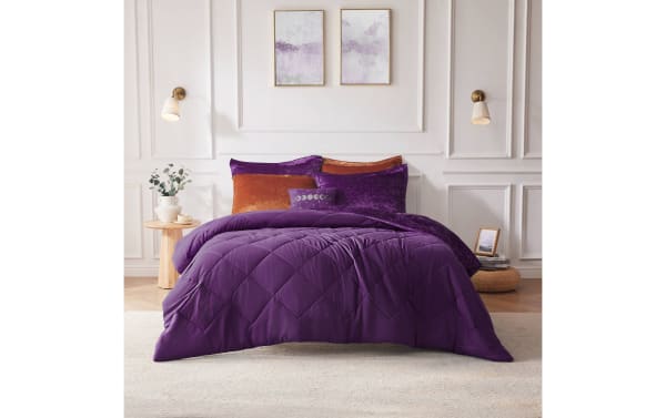 Hawken Full/Queen purple velvet reversible 4-piece comforter set with plush microfiber and polyester fabric, featuring a glam quilted design.