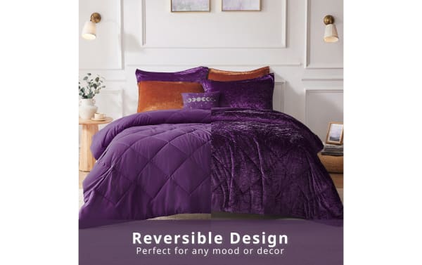 Hawken Full/Queen Purple Solid Velvet Reversible 4 Piece Comforter Set with plush velvet and microfiber fabric, glam style, perfect for cozy bedroom decor. Text: "Reversible Design Perfect for any mood or decor."