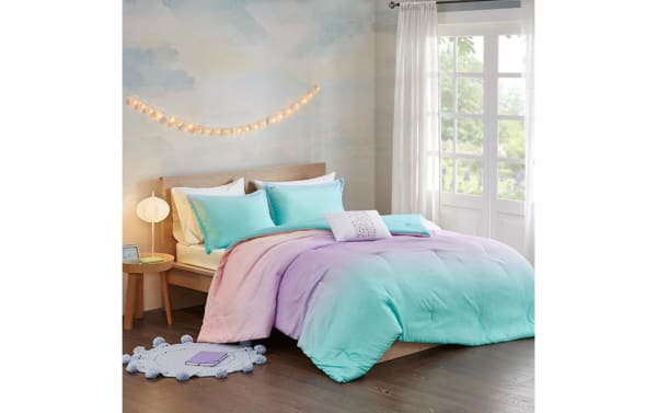 Shimmer Twin/Twin XL Multi Ombre Reversible 3 Piece Comforter Set in light blue and blush polyester fabric with fairy dust sparkles, contemporary style.