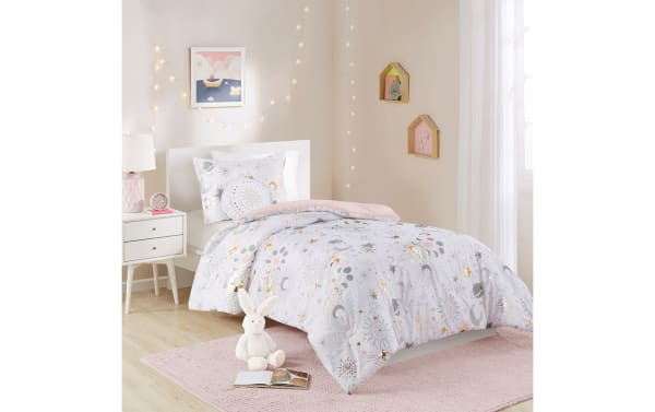 Despia Starry Sky Full/Queen 4-piece comforter set in white microfiber with gold, pink celestial prints, reversible, contemporary kids bedding.
